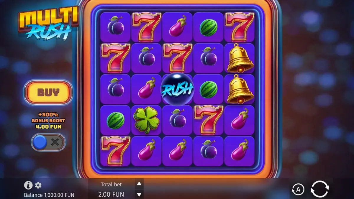 Tampilan visual slot Multi Rush dengan tema neon dan buah-buahan