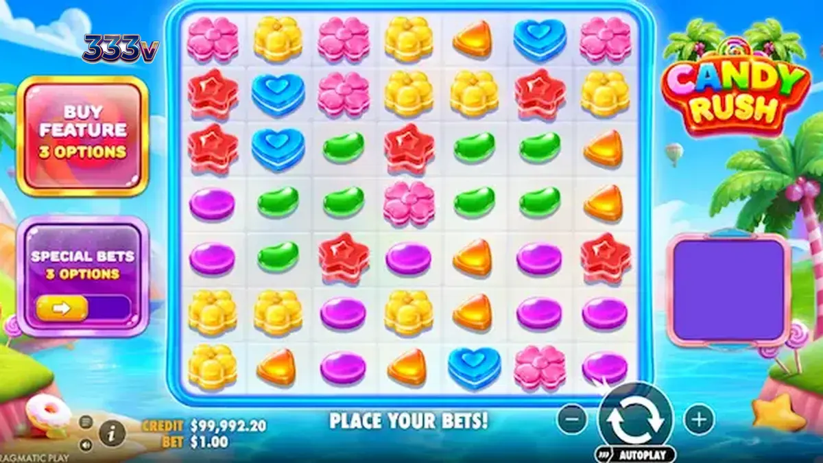 Tampilan visual slot Candy Rush dengan latar belakang tropis